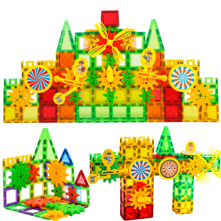 Seturi de constructie - Set de constructie cu placi magnetice, 140 piese de 6.5cm, Jucarie creativa si educationala STEM Magnetic Tiles