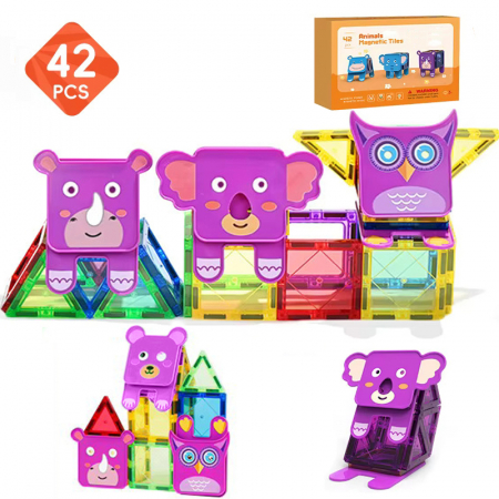 Placi magnetice - Set constructie Magnetic Tiles 100 piese cu Animale