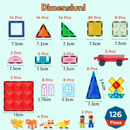 Set de constructie Magnetic Tiles, NovoToys, 126 piese mari cu model diamant, Jucarie creativa STEM pentru dezvoltarea abilitatilor cognitive, spatiale si a creativitatii, +3 ani - Copie [7]