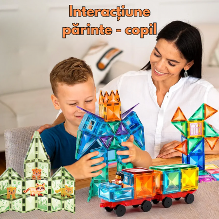 Set de constructie Magnetic Tiles, NovoToys, 126 piese mari cu model diamant, Jucarie creativa STEM pentru dezvoltarea abilitatilor cognitive, spatiale si a creativitatii, +3 ani - Copie [3]