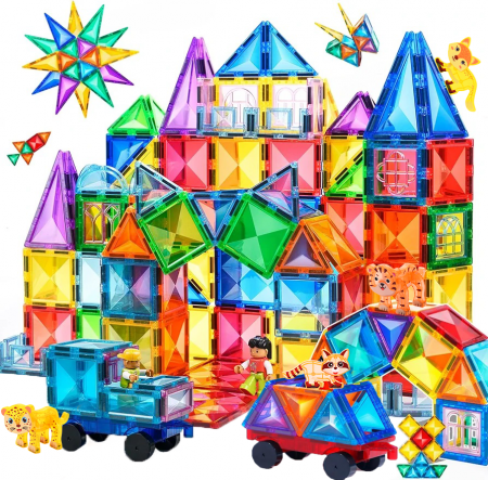 Produse - Set de constructie Magnetic Tiles, NovoToys, 126 piese mari cu model diamant, Jucarie creativa STEM pentru dezvoltarea abilitatilor cognitive, spatiale si a creativitatii, +3 ani - Copie