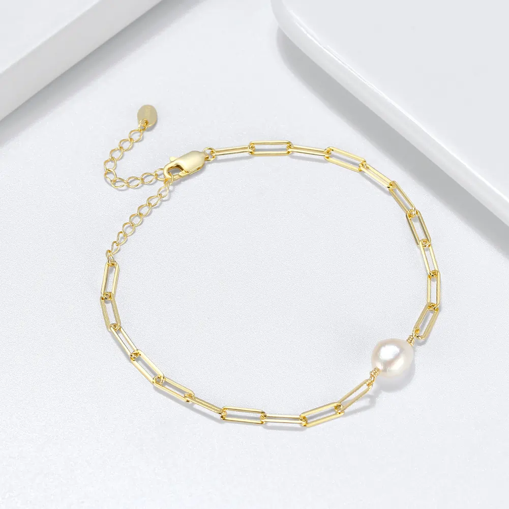 Brățară din Argint cu Perle Naturale de Cultură Accent Paperclip Gold [2]