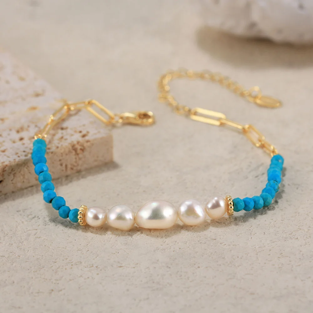 Brățară din Argint cu Perle Naturale de Cultură și Piatră Naturală Turcoaz Boho Pearl & Turquoise Gold [3]
