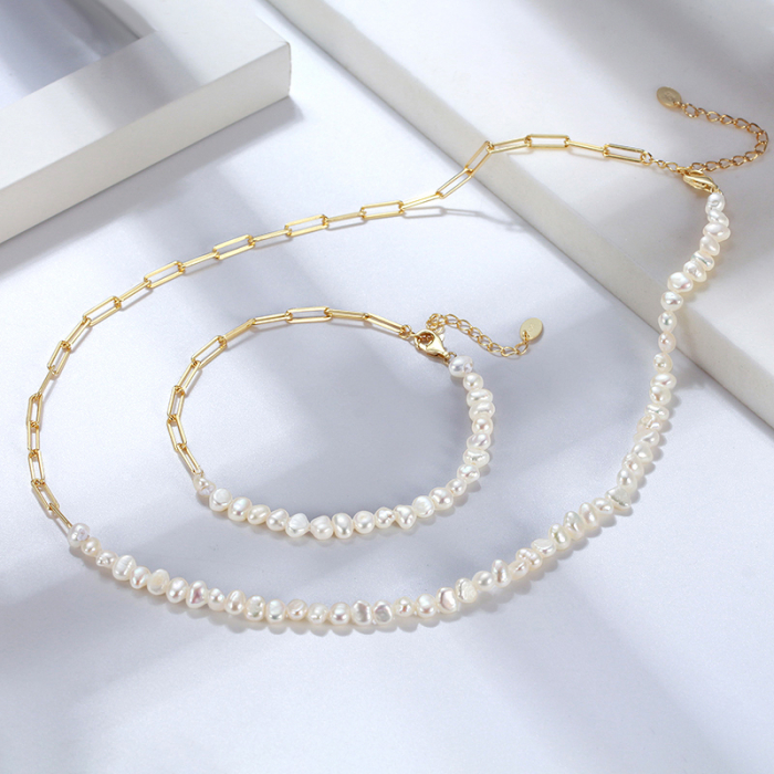 Brățară paperclip din argint cu perle naturale de cultură gold Raw Collection [5]
