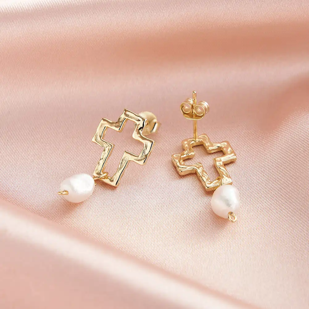 Cercei din Argint Cross & Baroque Pearl Drop Gold [2]