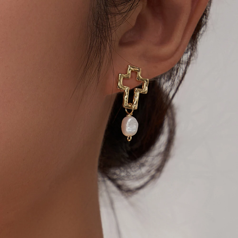 Cercei din Argint Cross & Baroque Pearl Drop Gold [6]