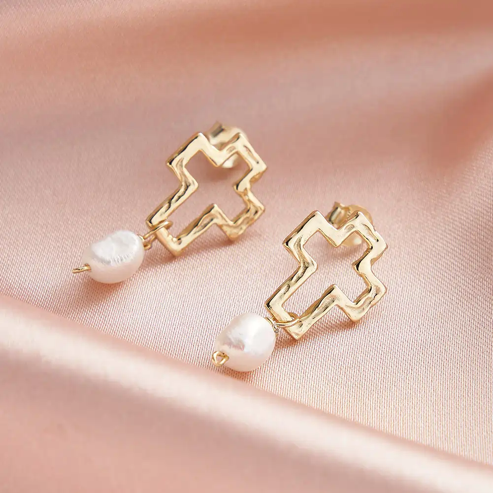 Cercei din Argint Cross & Baroque Pearl Drop Gold [3]