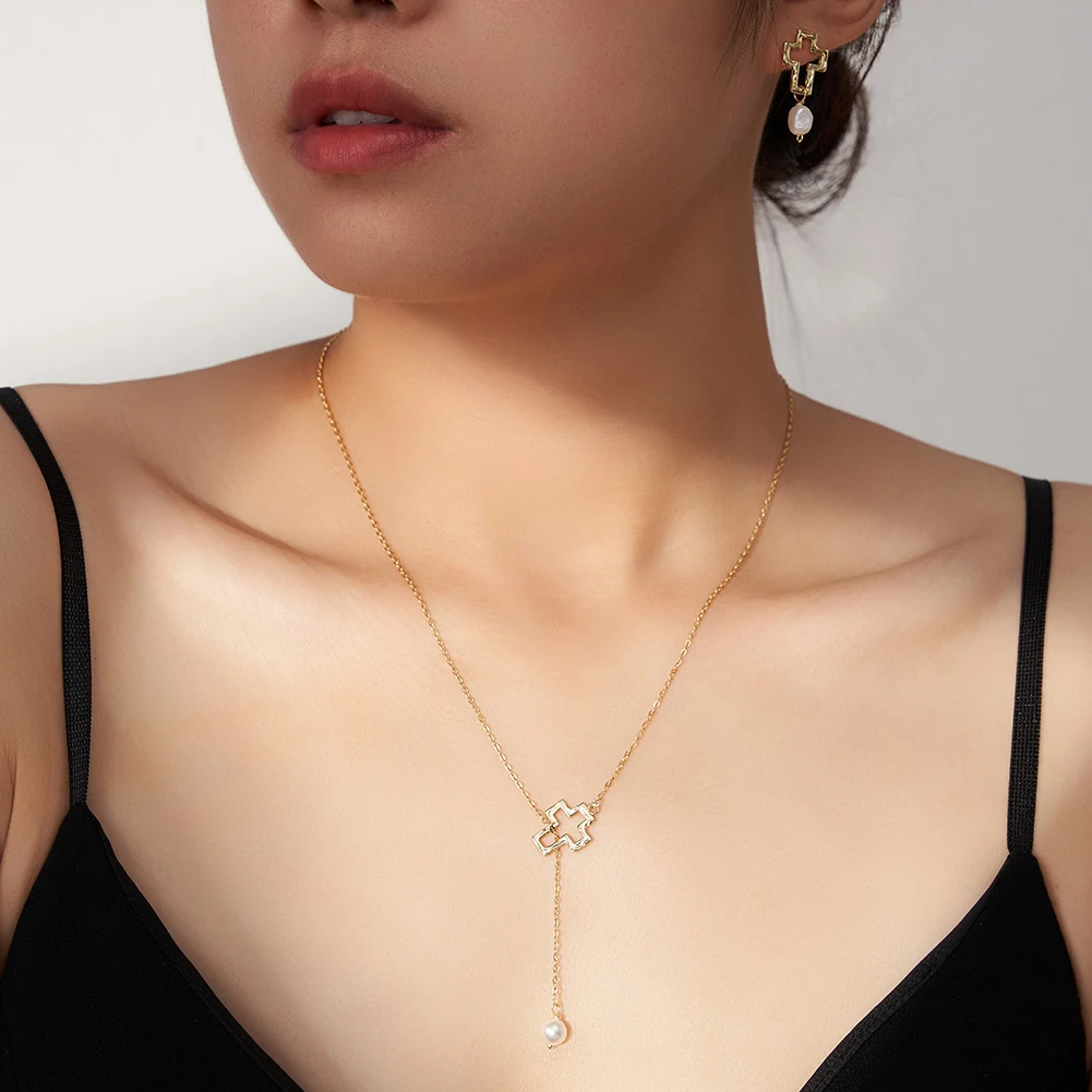 Cercei din Argint Cross & Baroque Pearl Drop Gold [7]