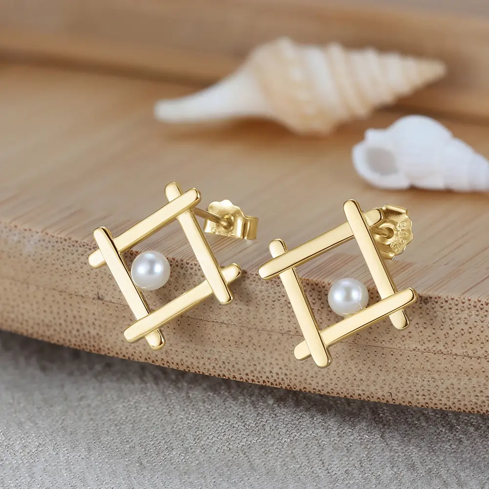 Cercei din Argint cu Perle Naturale de Cultură Geometric Stud Gold [2]