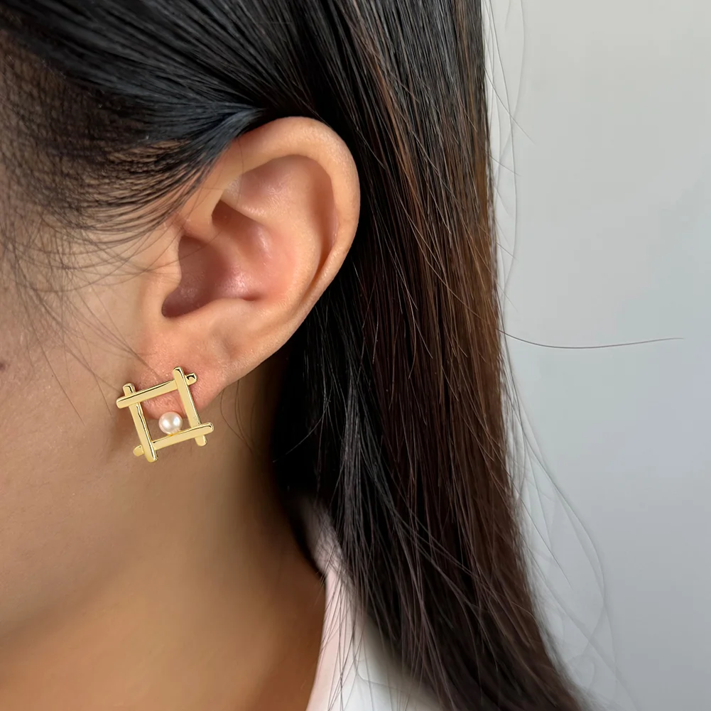 Cercei din Argint cu Perle Naturale de Cultură Geometric Stud Gold [4]