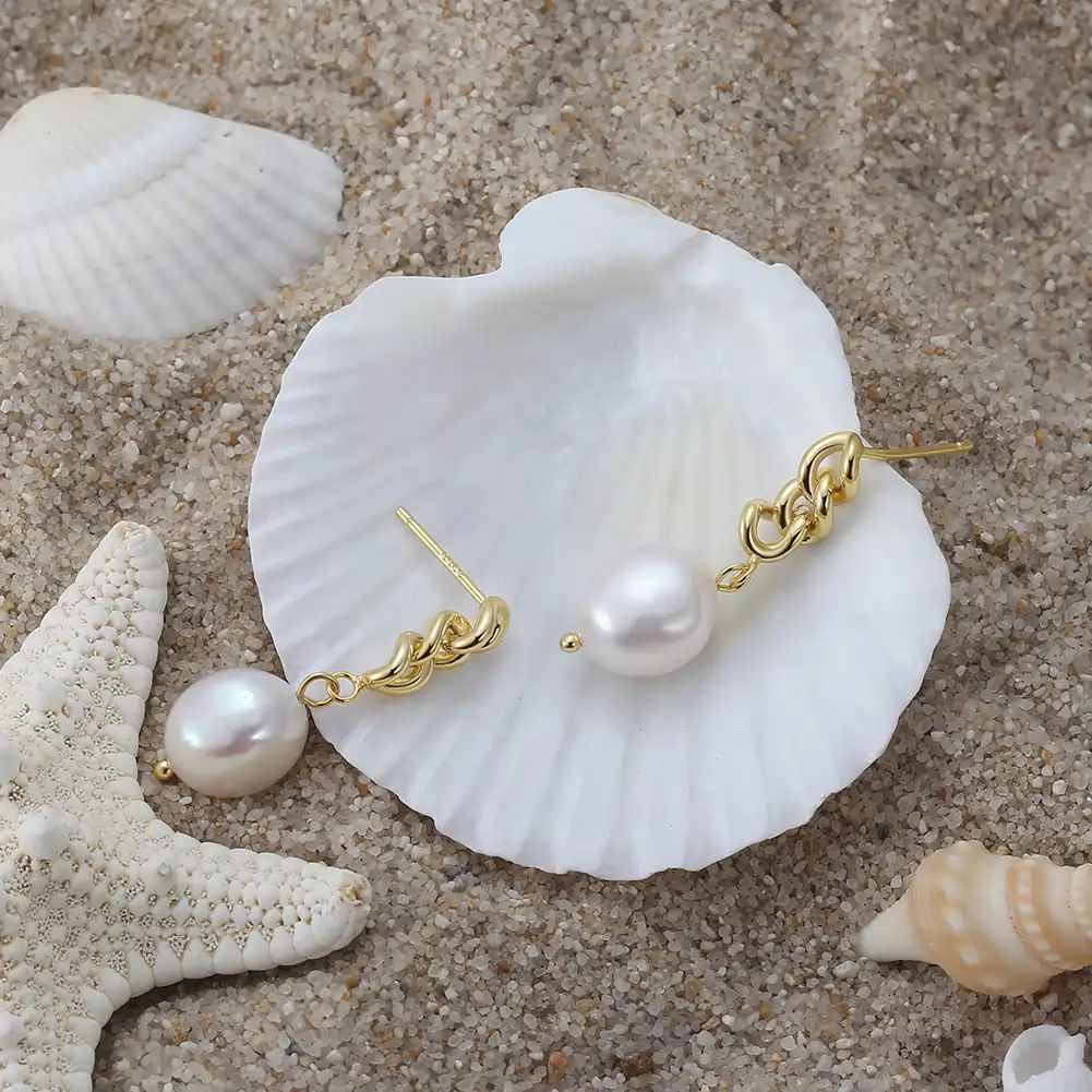 Cercei din Argint cu Perle Naturale de Cultură Golden Pearl Charm [3]