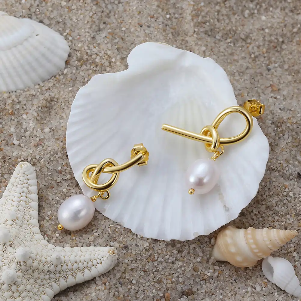 Cercei din Argint cu Perle Naturale de Cultură Knot Pearls Golden [3]