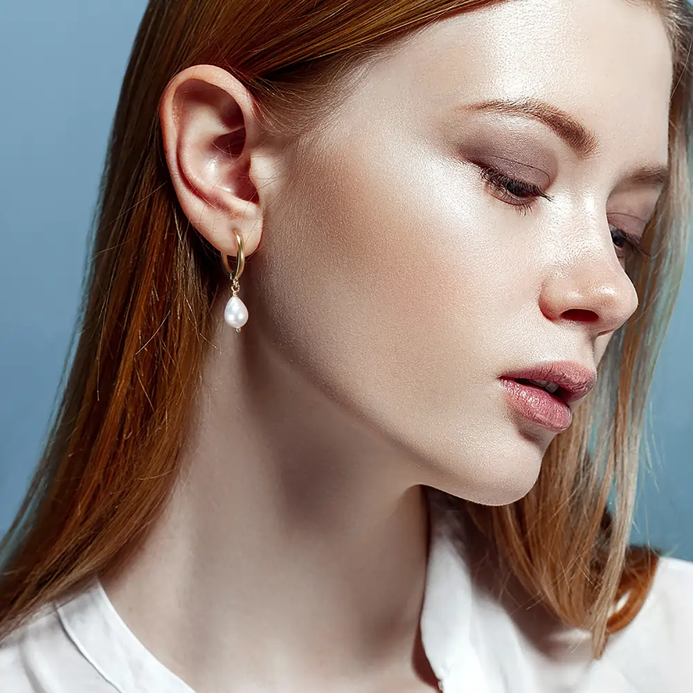 Cercei din Argint cu Perle Naturale de Cultură Huggie Earrings Gold [3]