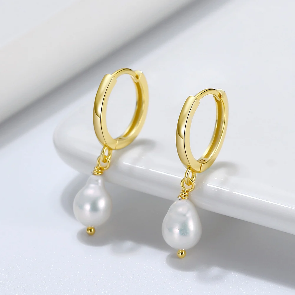 Cercei din Argint cu Perle Naturale de Cultură Huggie Earrings Gold [2]