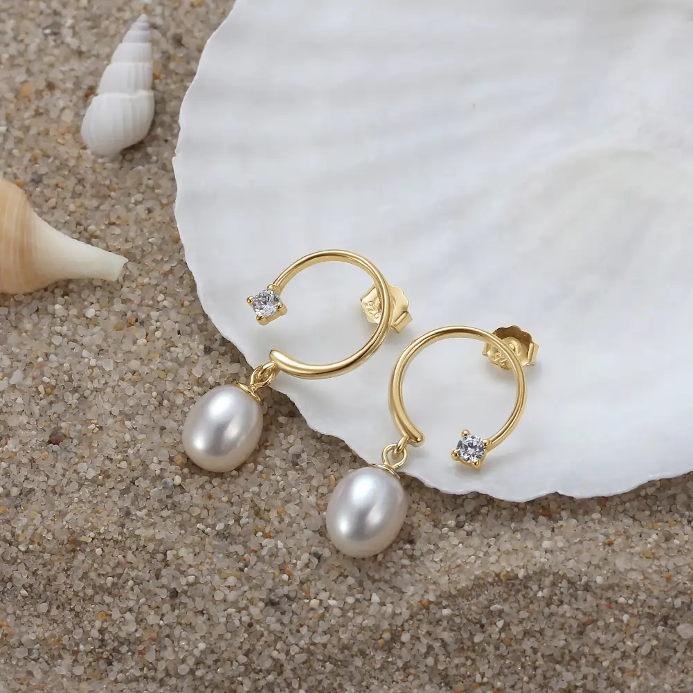 Cercei din Argint cu Perle Naturale de Cultură Pearl Charm Hoops [3]