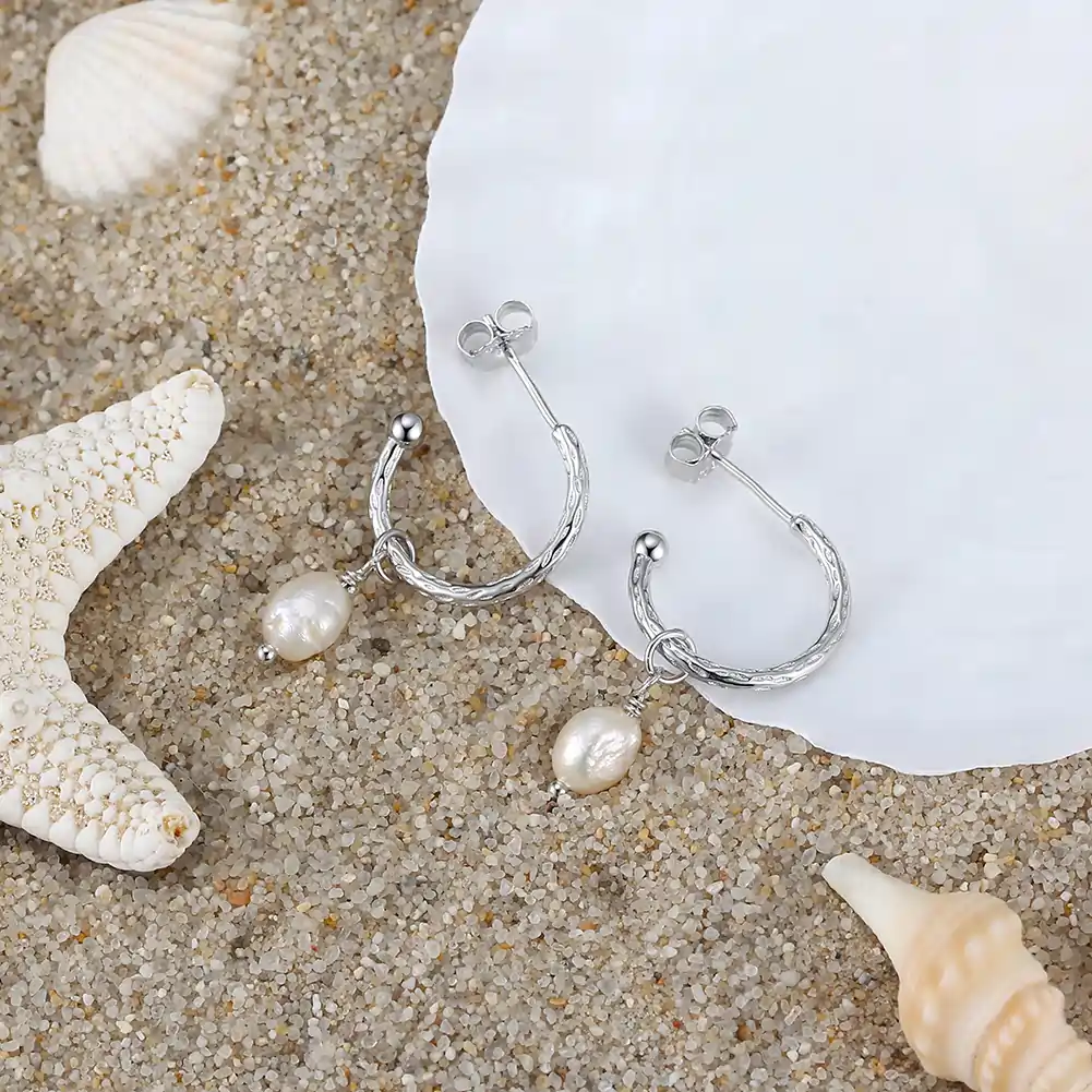 Cercei din Argint cu Perle Naturale de Cultură Silver Pearl Hoops [2]
