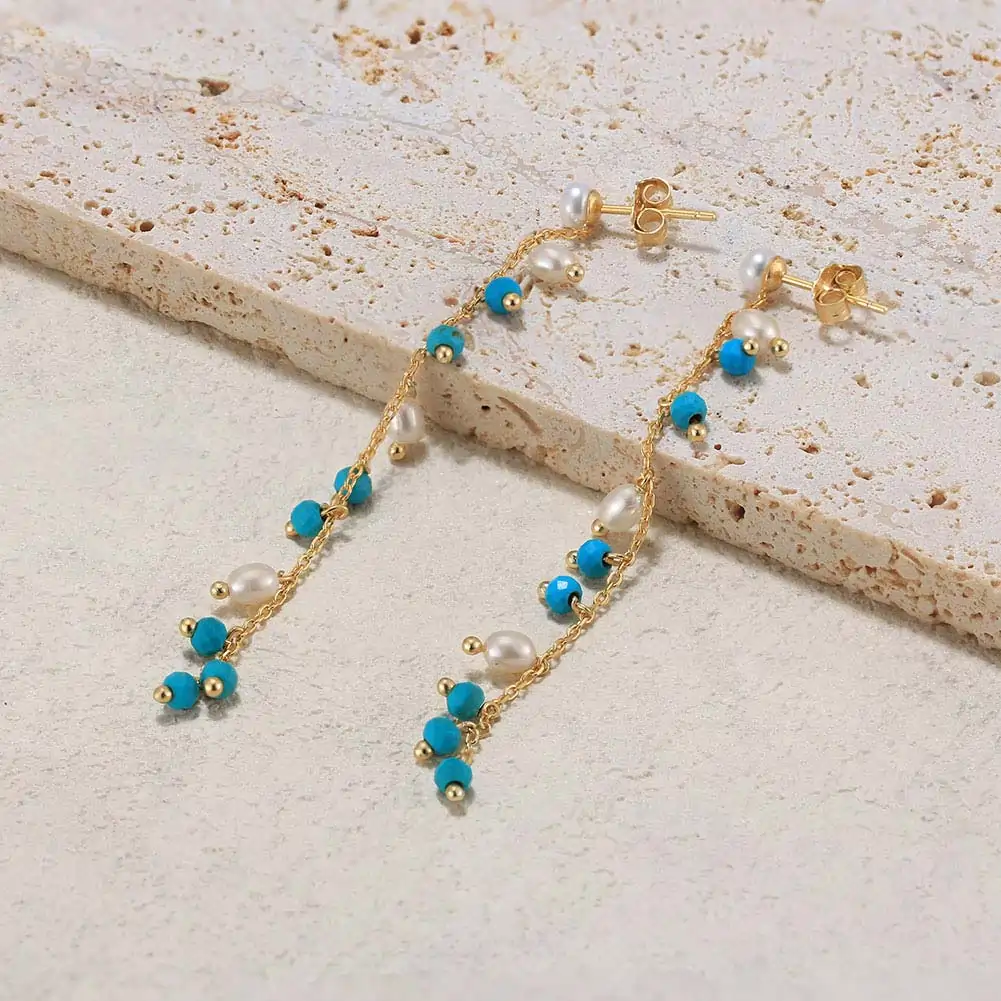 Cercei din Argint cu Perle Naturale și Piatră Turcoaz Drop Earrings Gold [4]