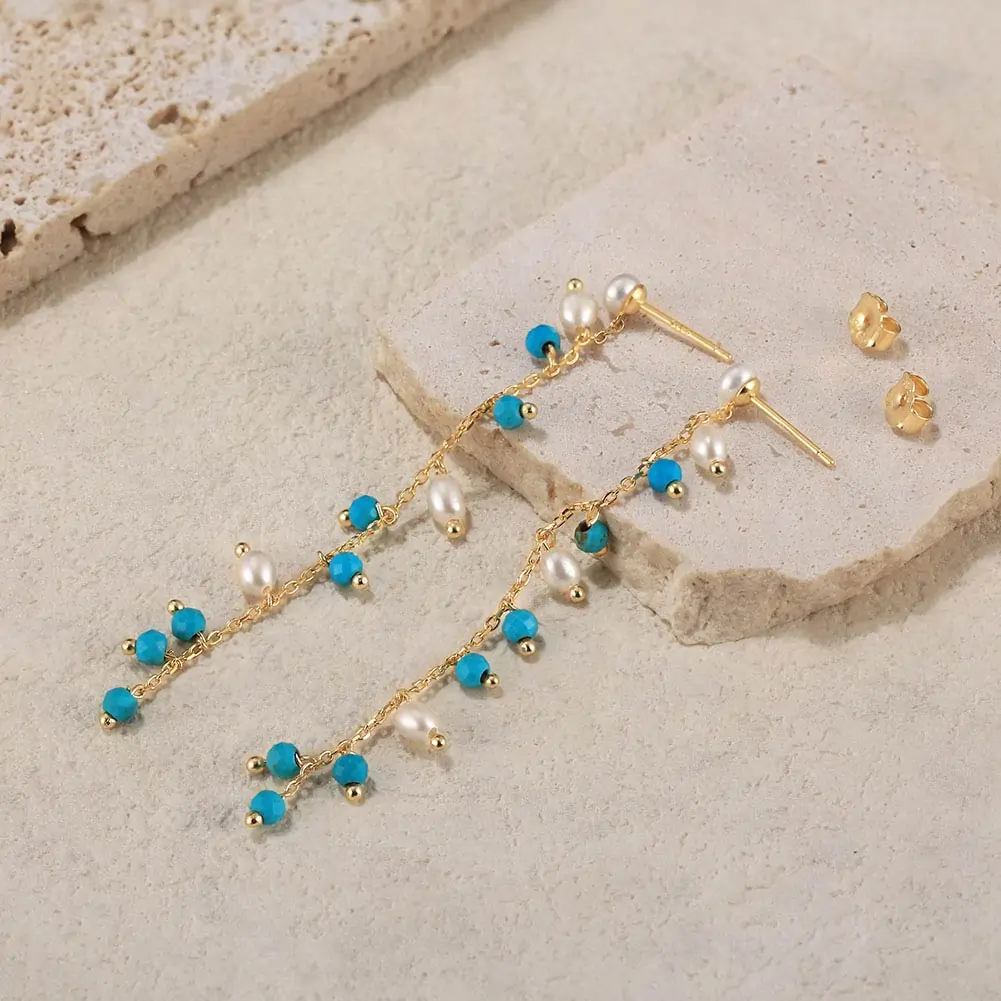 Cercei din Argint cu Perle Naturale și Piatră Turcoaz Drop Earrings Gold [3]