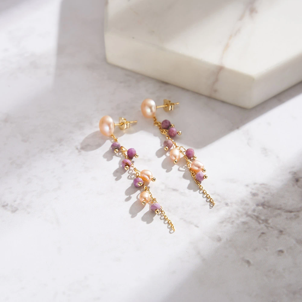 Cercei din argint cu Perle Naturale și Pietre Ametist Pearl & Amethyst Gold [2]