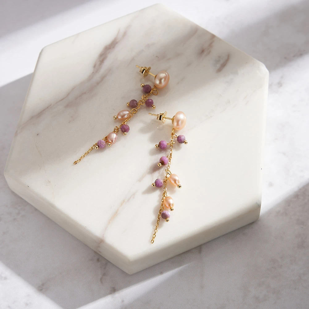 Cercei din argint cu Perle Naturale și Pietre Ametist Pearl & Amethyst Gold [3]