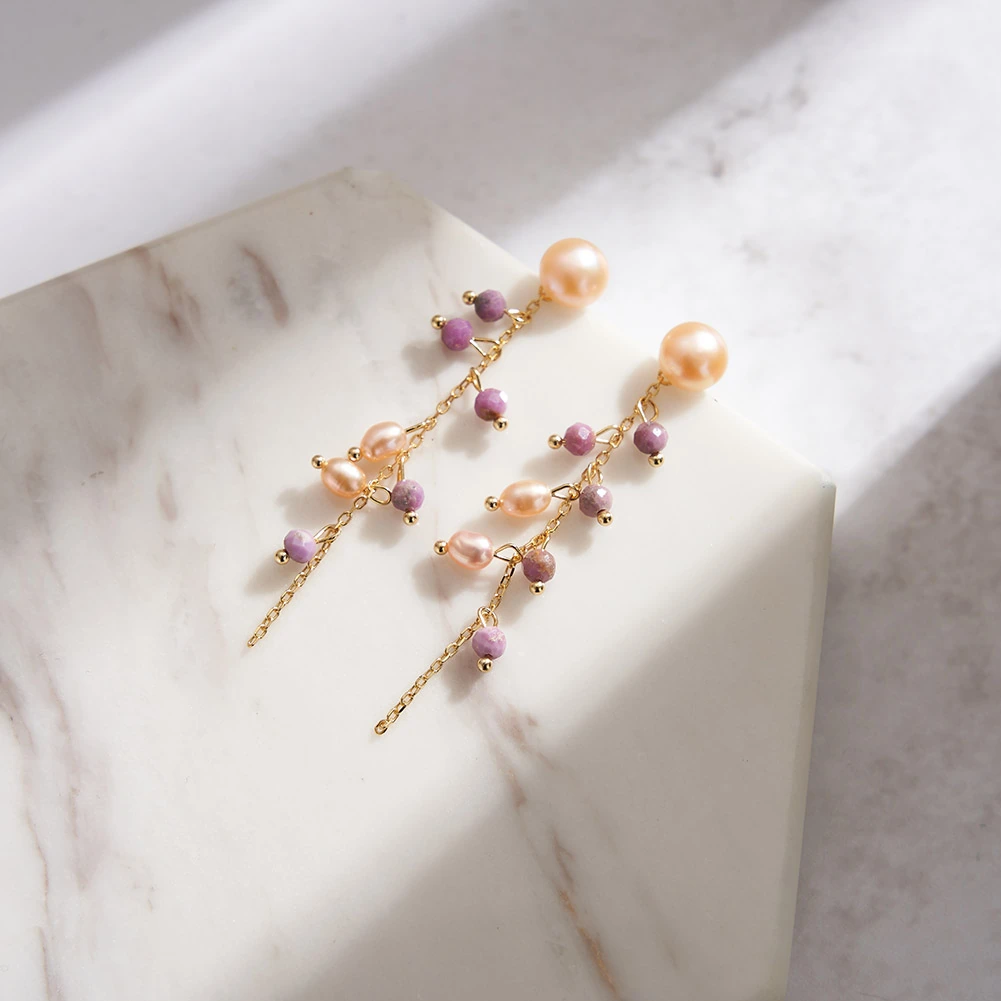 Cercei din argint cu Perle Naturale și Pietre Ametist Pearl & Amethyst Gold [4]