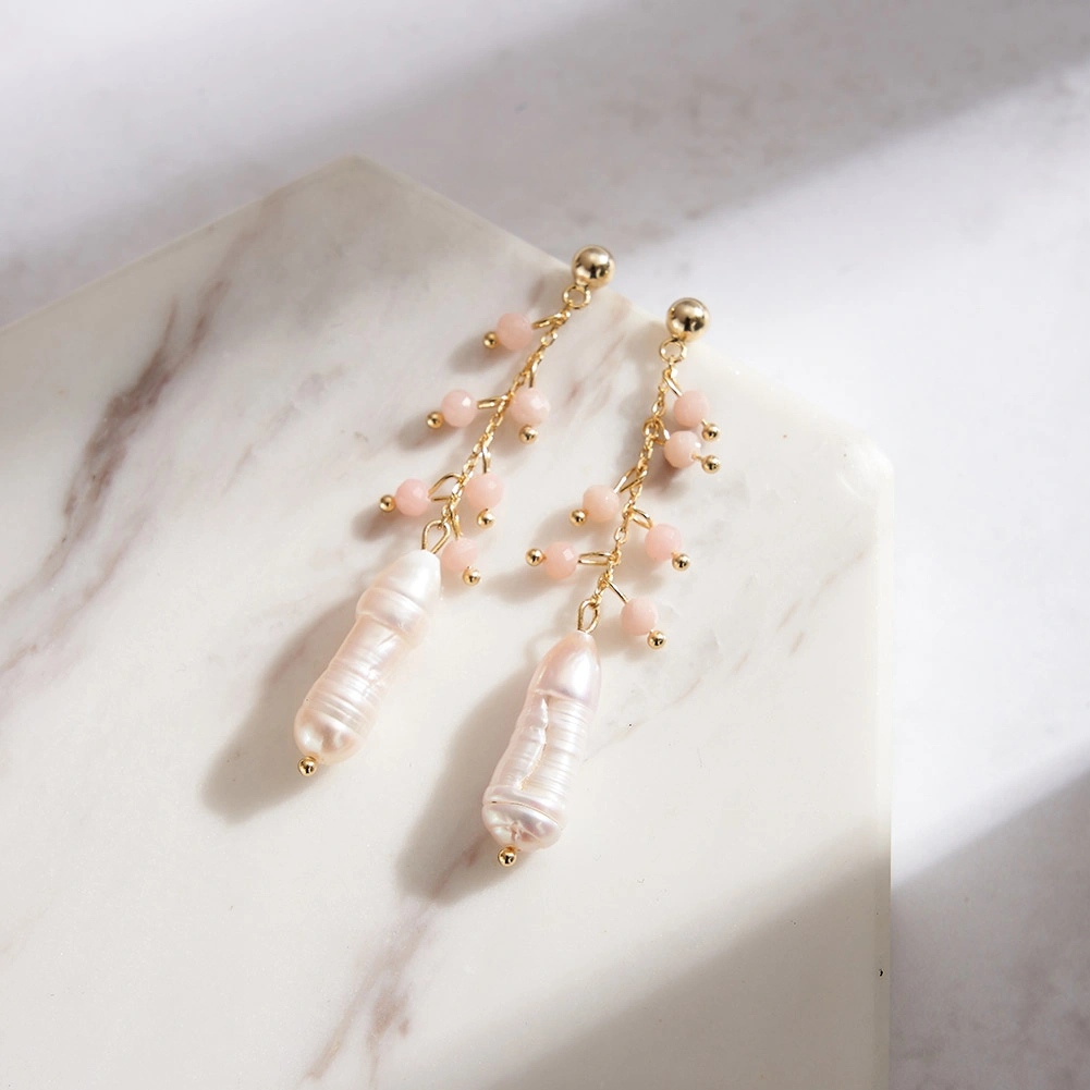 Cercei din Argint cu Perle și Pietre Naturale Cuarț Pink Pearl Drop Gold [4]