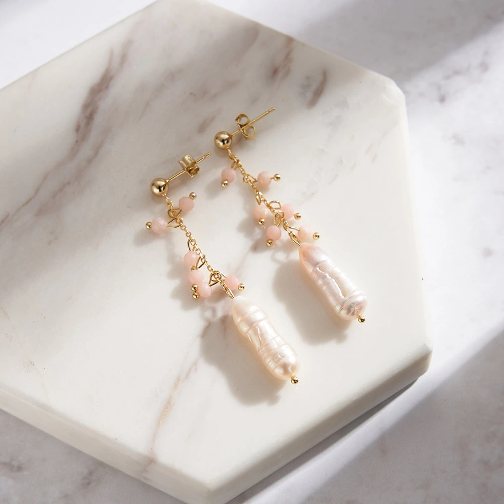 Cercei din Argint cu Perle și Pietre Naturale Cuarț Pink Pearl Drop Gold [3]