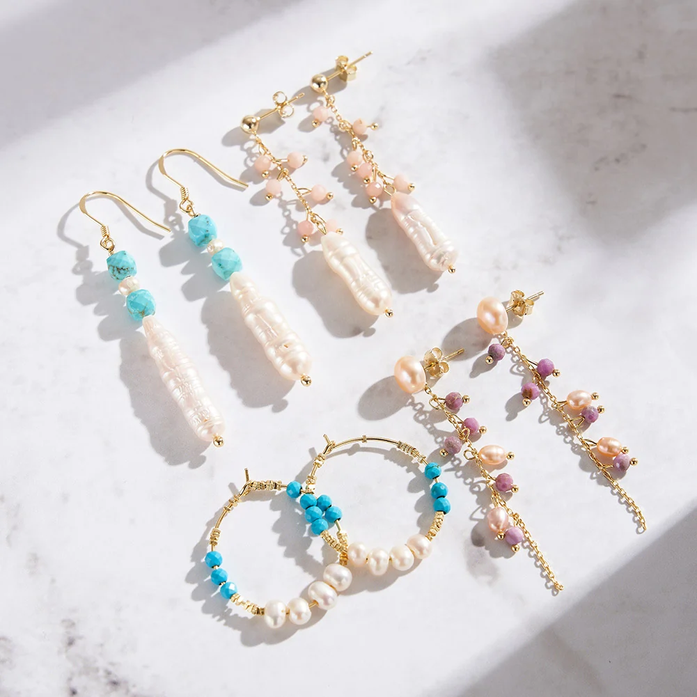 Cercei din Argint cu Perle și Pietre Naturale Cuarț Pink Pearl Drop Gold [6]