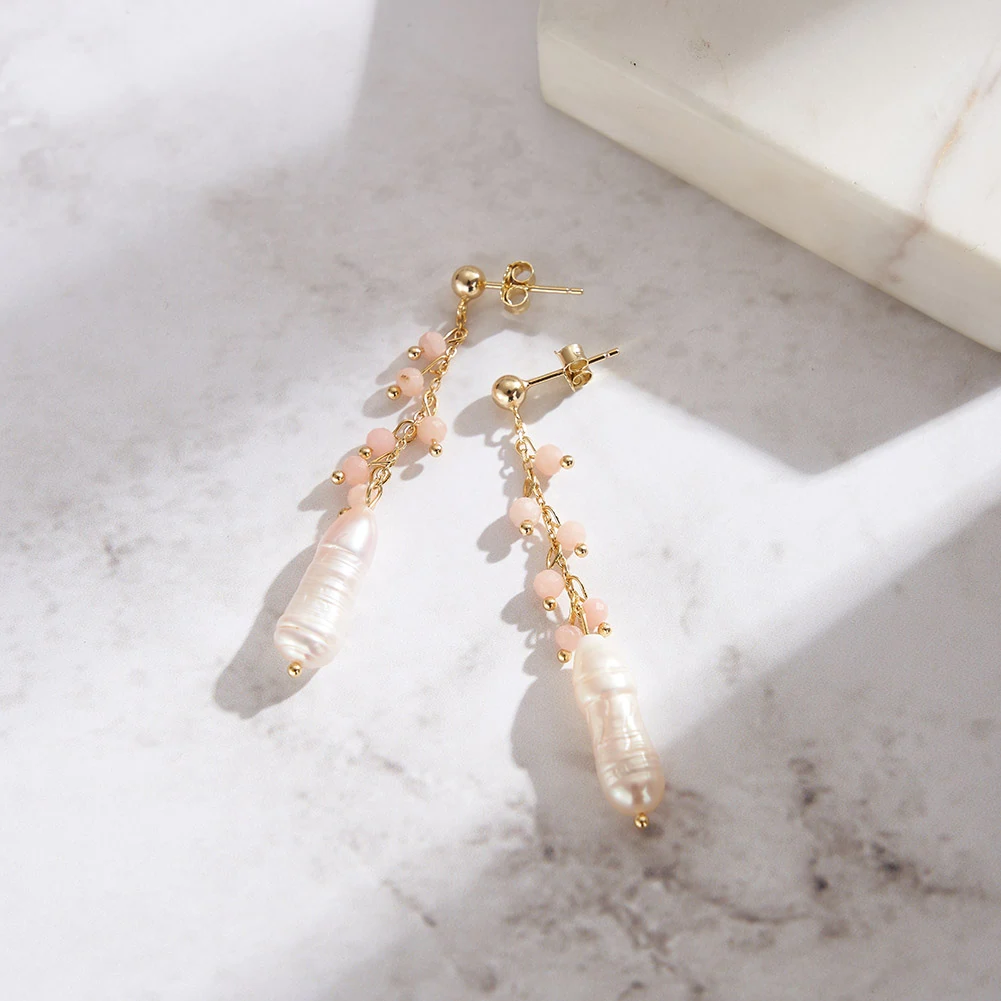 Cercei din Argint cu Perle și Pietre Naturale Cuarț Pink Pearl Drop Gold [2]