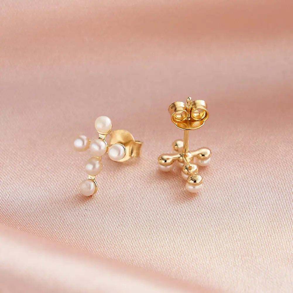 Cercei din Argint Pearl Cross Stud Gold [4]
