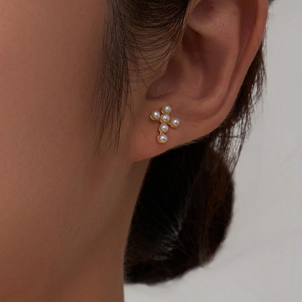 Cercei din Argint Pearl Cross Stud Gold [6]