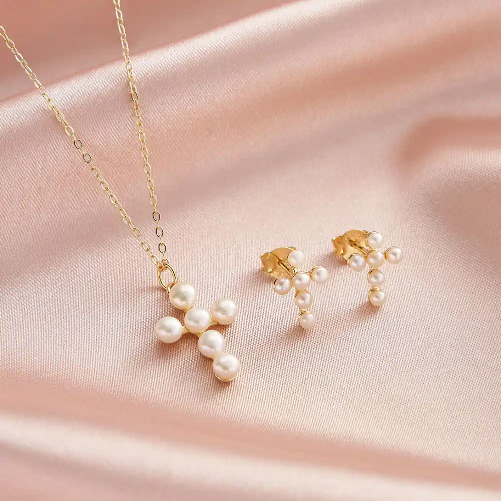 Cercei din Argint Pearl Cross Stud Gold [5]