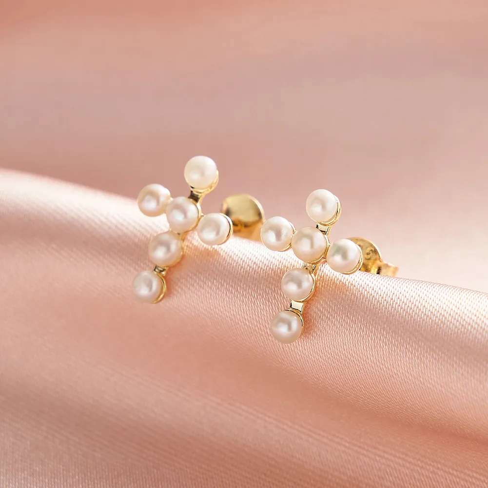 Cercei din Argint Pearl Cross Stud Gold [2]