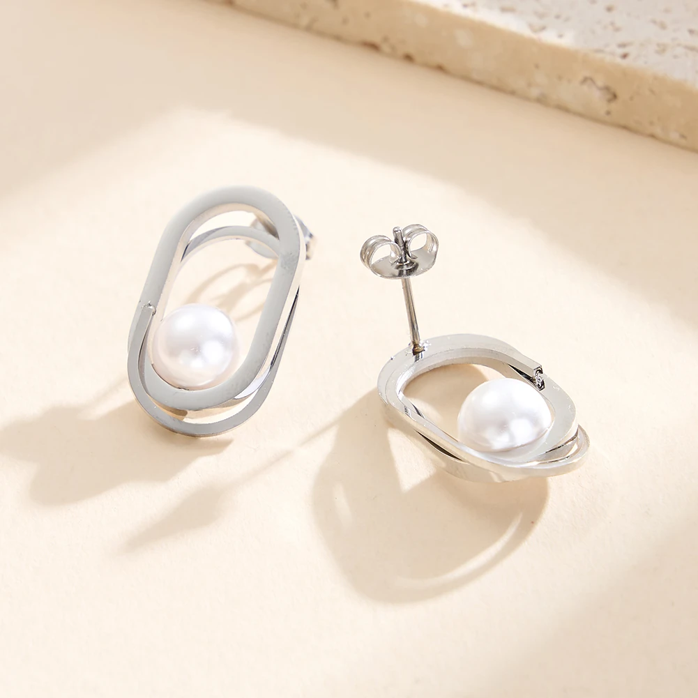 Cercei Statement cu Perle Shell Oval Argintiu [2]