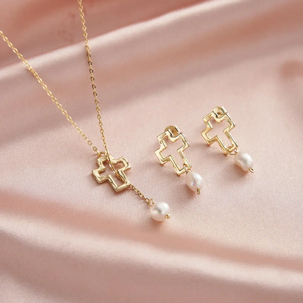 Colier din Argint Cu Perlă Naturală Cross With Pearl Gold [4]