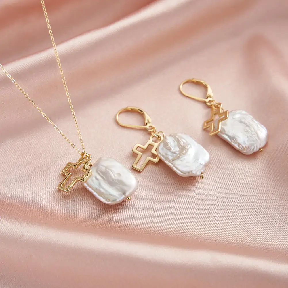 Colier din Argint cu Perlă Naturală de Cultură Pearl Cross Baroque [4]