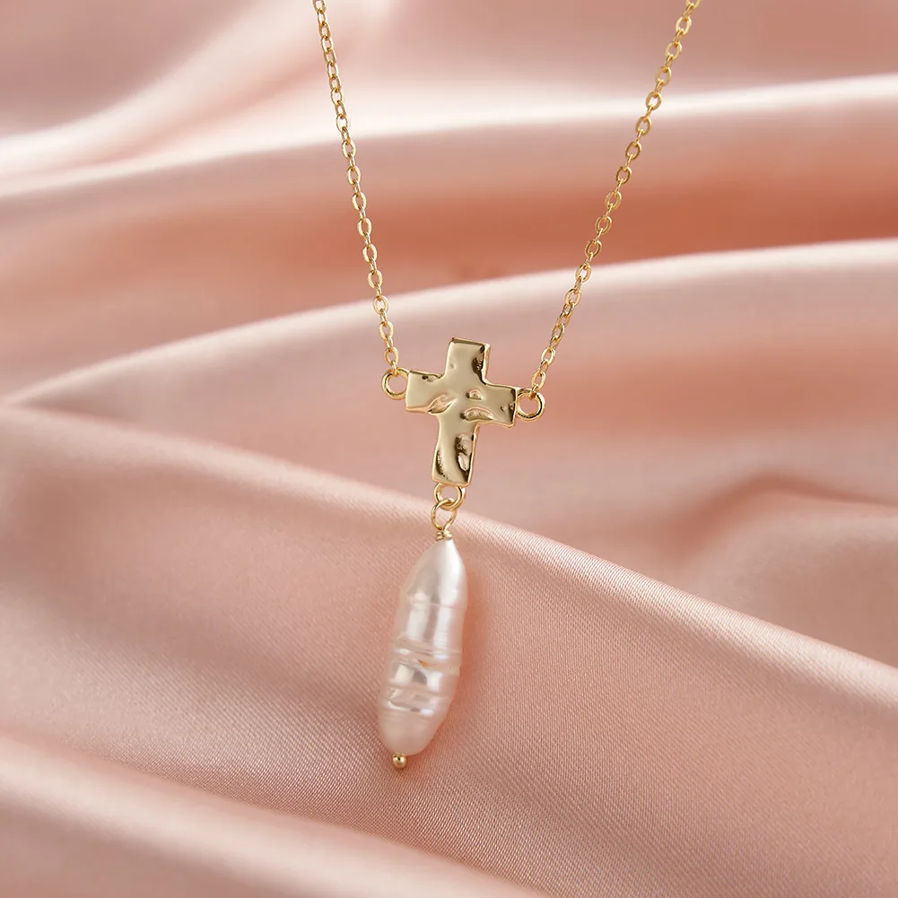 Colier din Argint Cu Perlă Naturală Gold Cross & Baroque Pearl [2]
