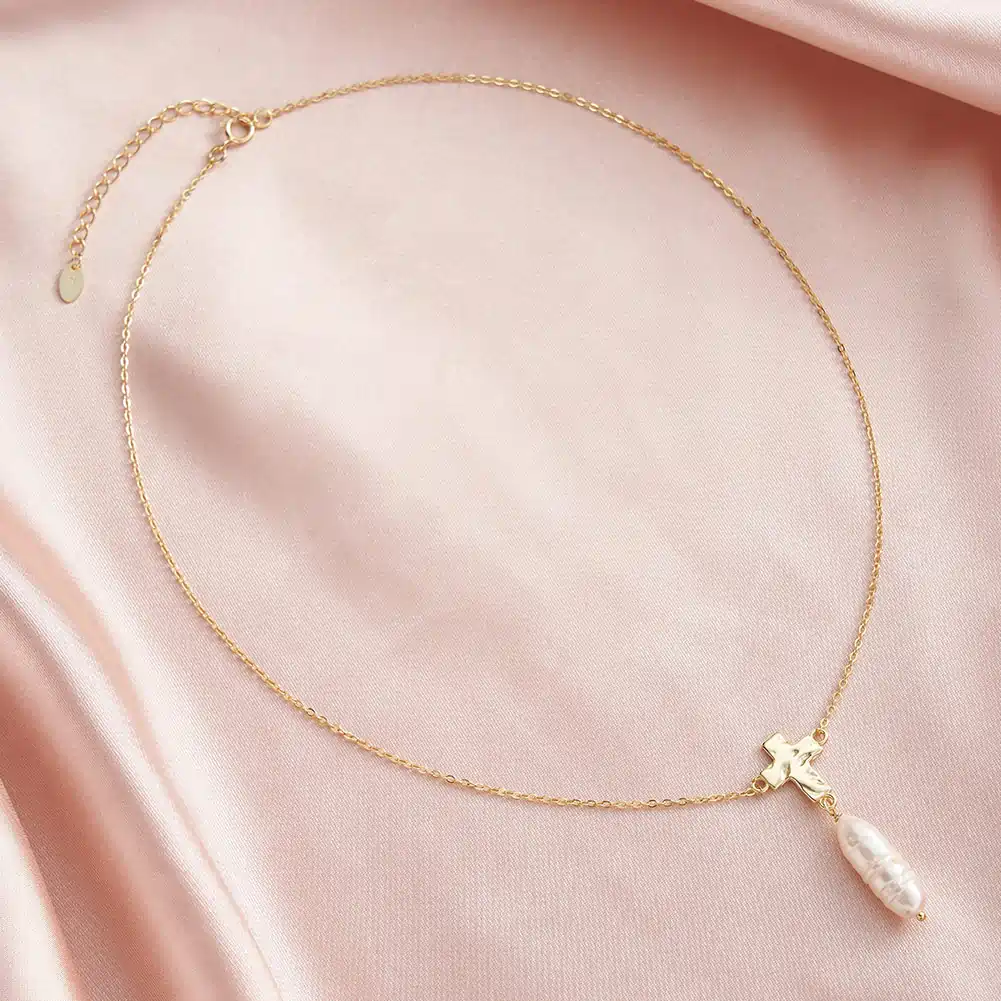 Colier din Argint Cu Perlă Naturală Gold Cross & Baroque Pearl [4]