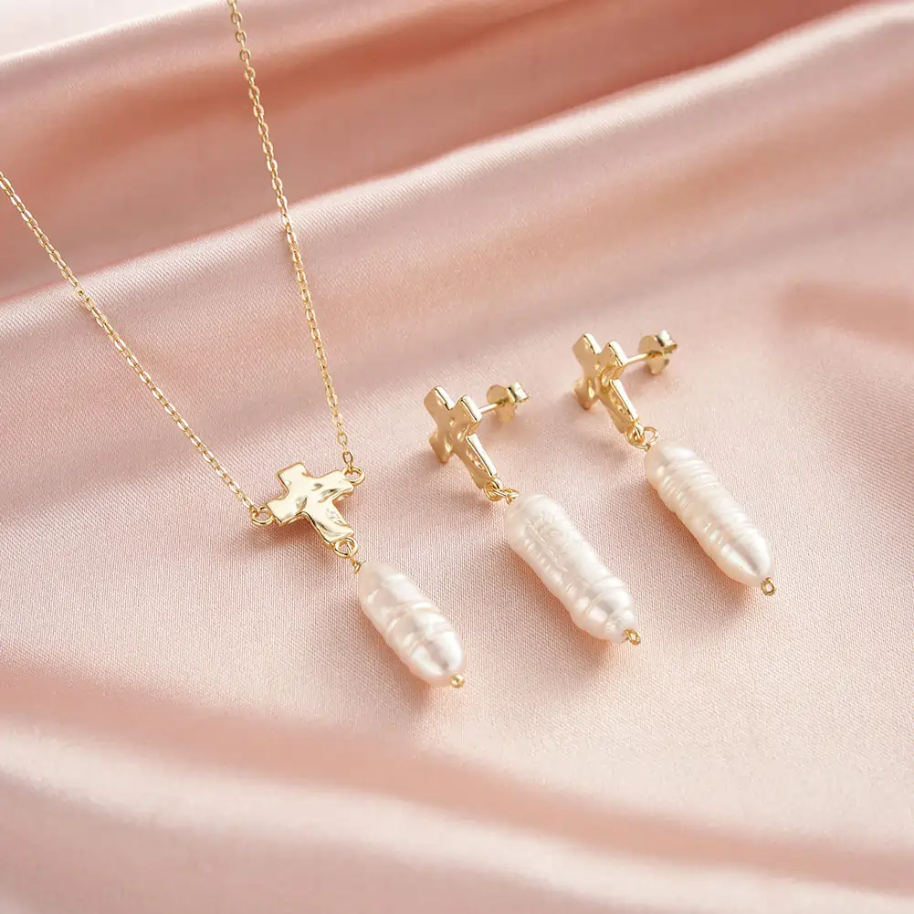 Colier din Argint Cu Perlă Naturală Gold Cross & Baroque Pearl [3]
