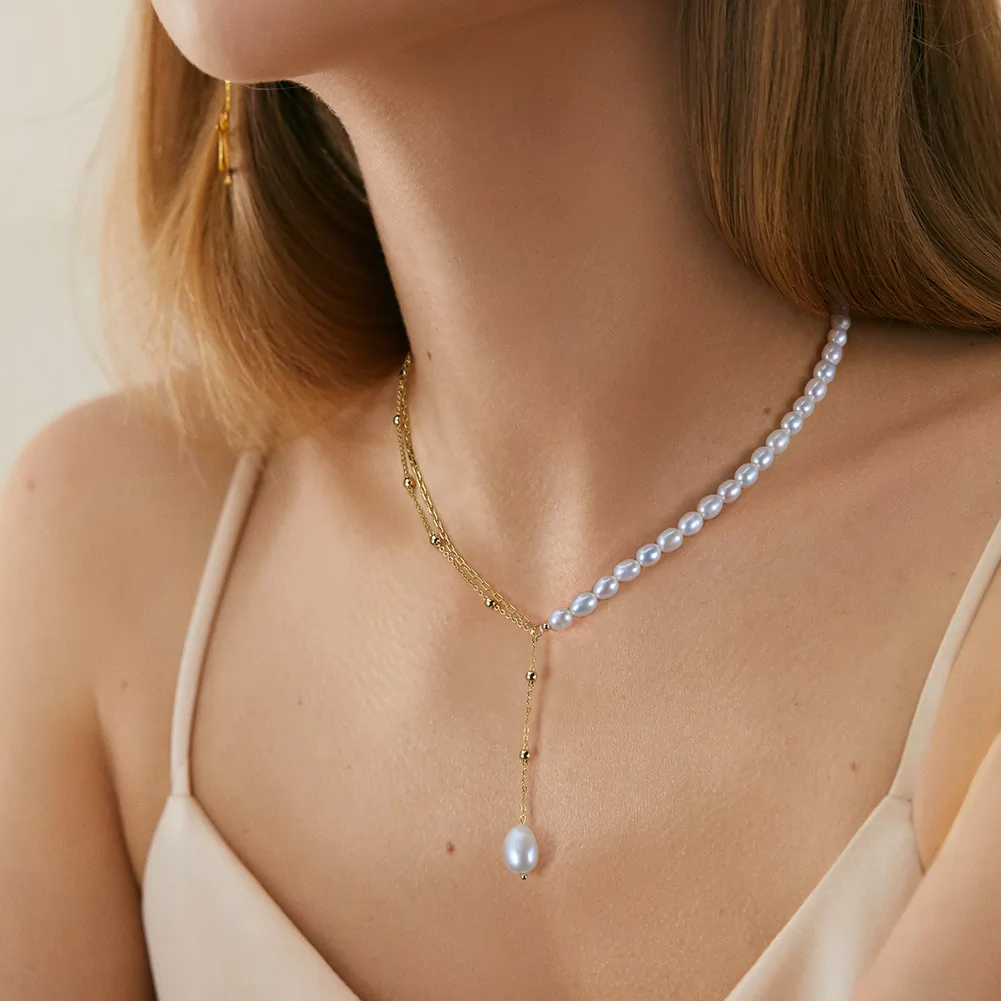 Colier din Argint cu Perle Naturale de Cultură Drop Line Gold [4]