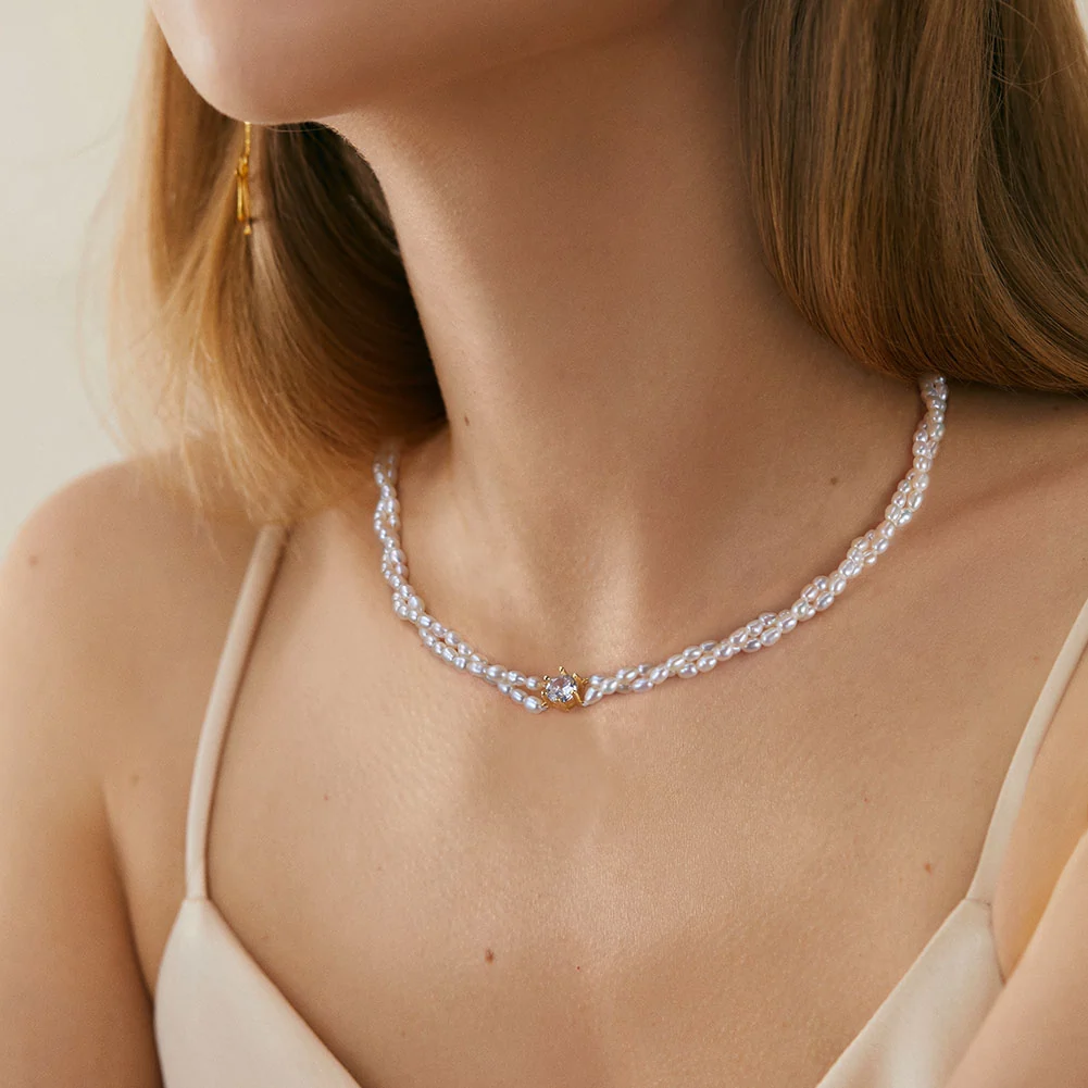 Colier din Argint cu Perle Naturale de Cultură Elegant Double Pearl Gold [5]