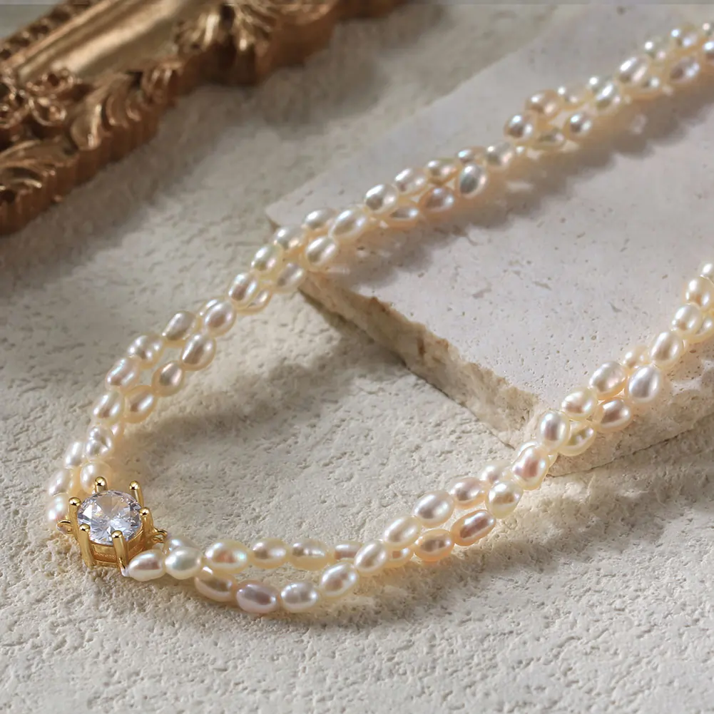 Colier din Argint cu Perle Naturale de Cultură Elegant Double Pearl Gold [2]