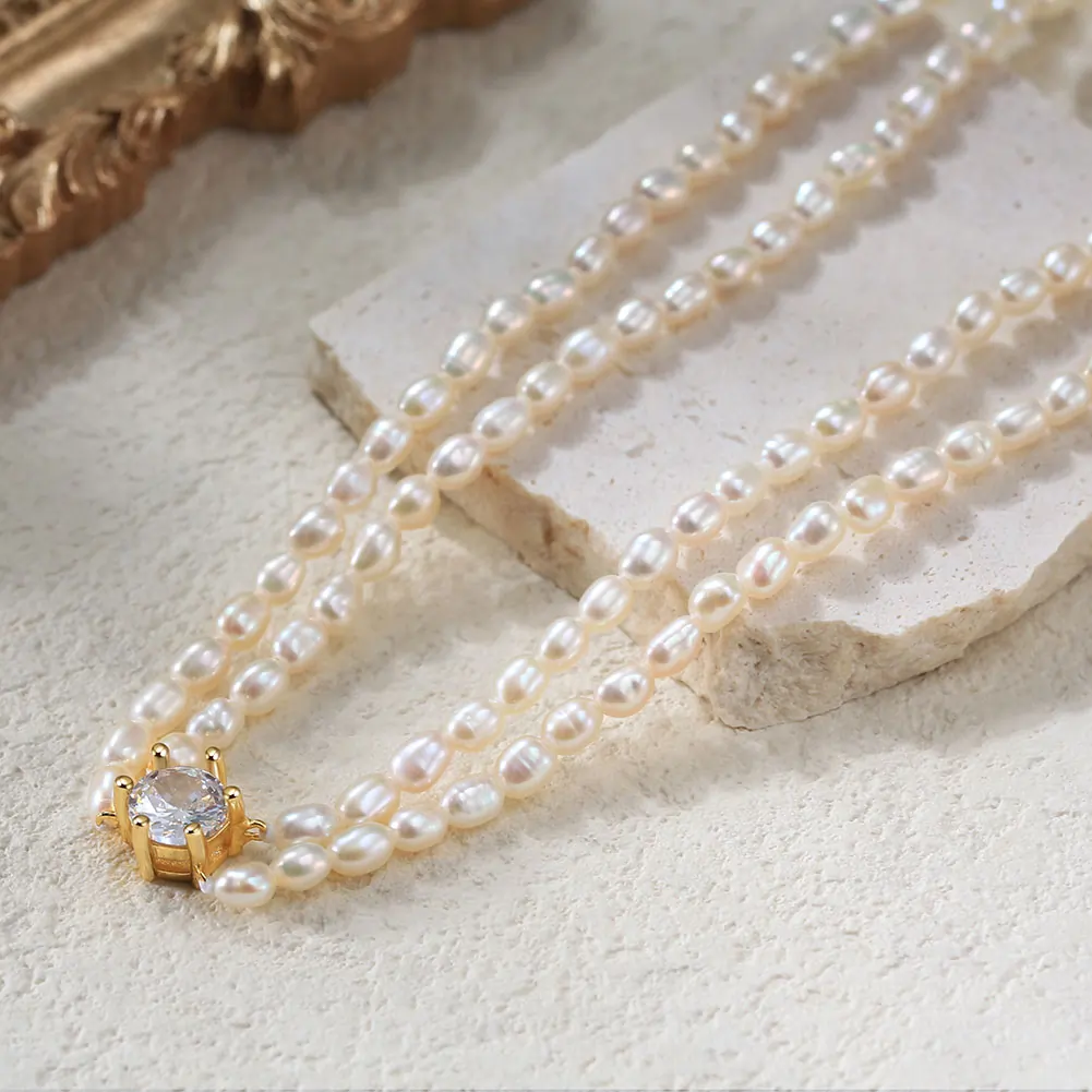 Colier din Argint cu Perle Naturale de Cultură Elegant Double Pearl Gold [3]
