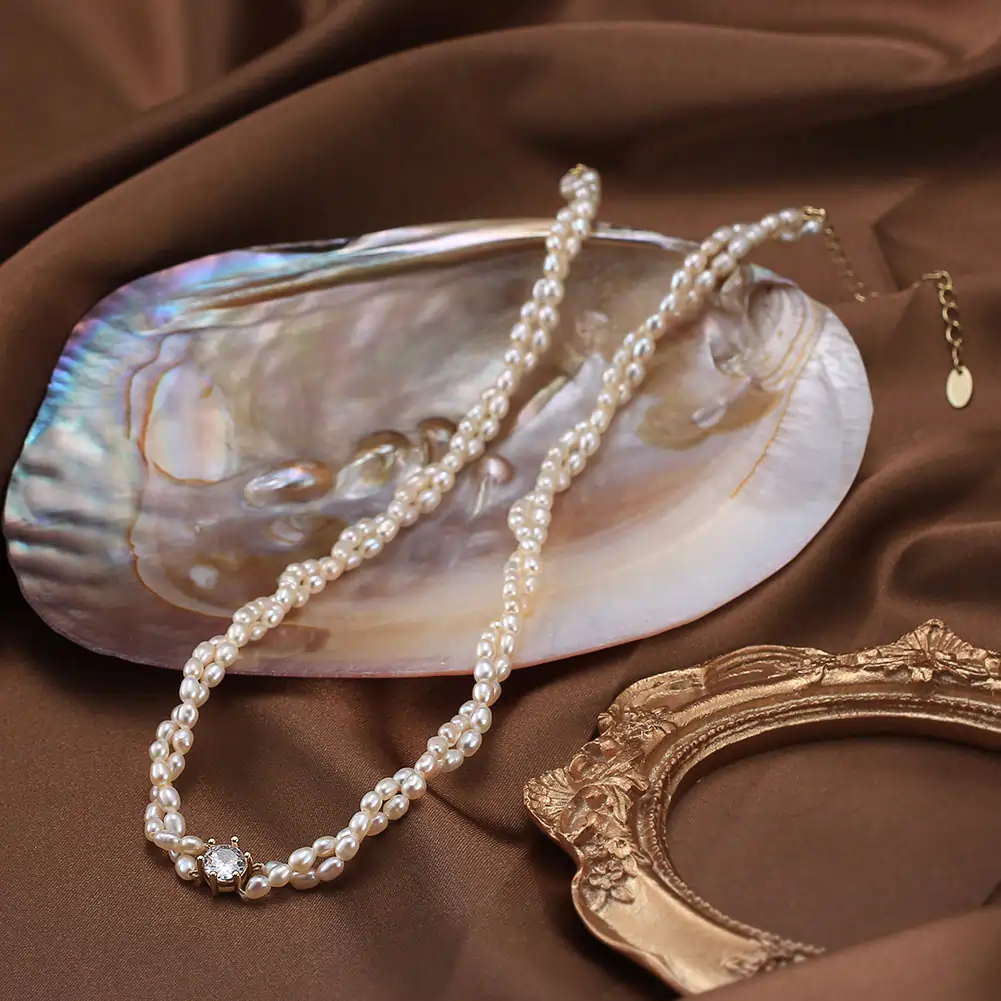 Colier din Argint cu Perle Naturale de Cultură Elegant Double Pearl Gold [4]