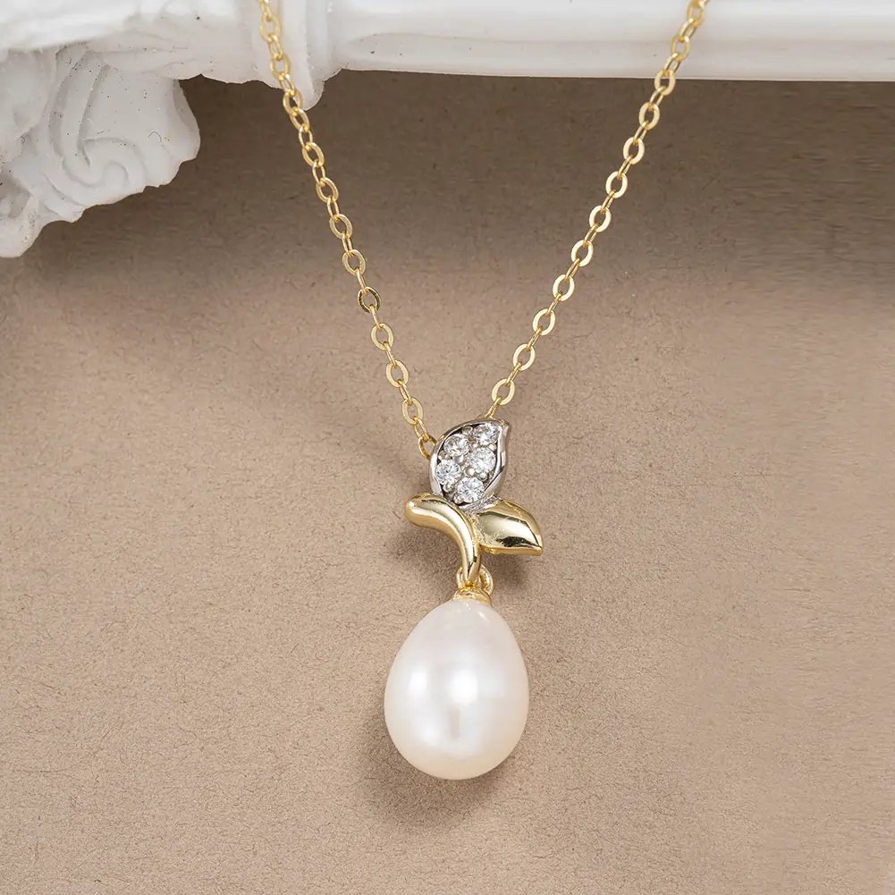 Colier din Argint cu Perle Naturale de Cultură Elegant Leaf Gold [5]