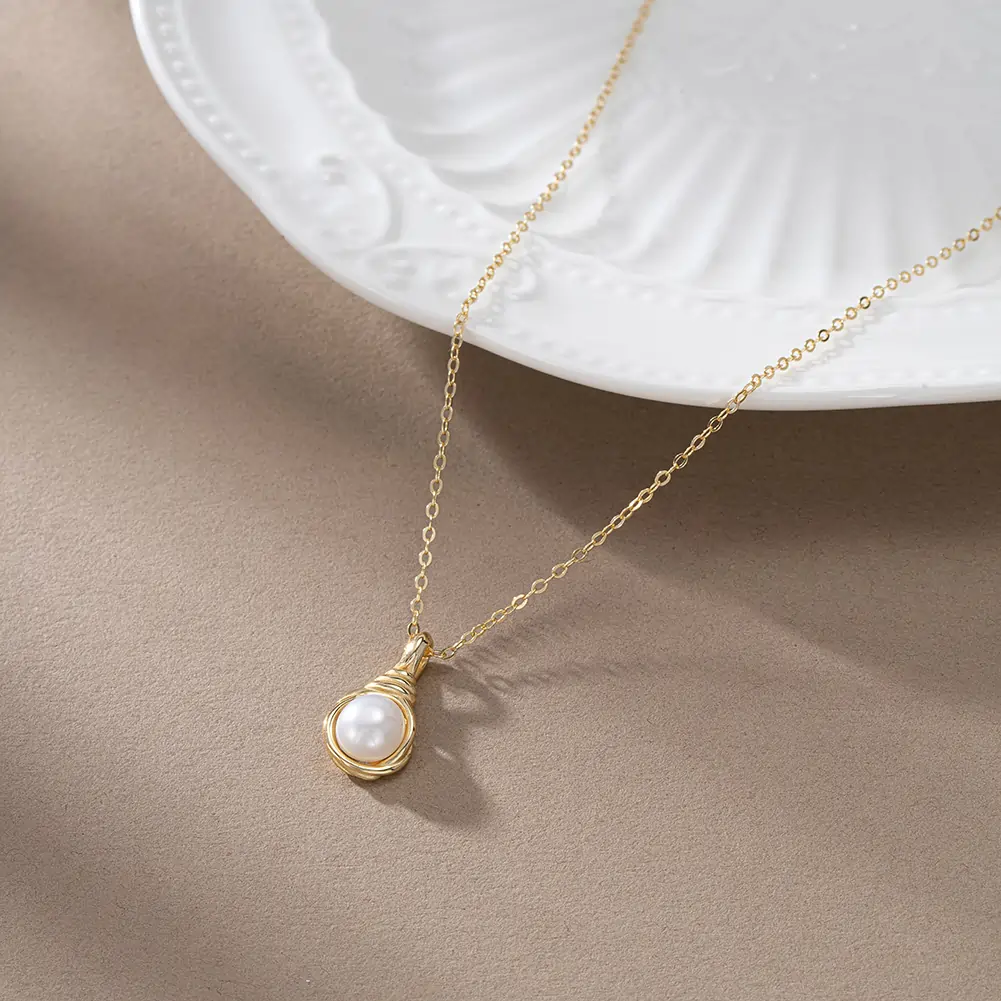 Colier din Argint cu Perle Naturale de Cultură Golden Pearl Drop Necklace [3]