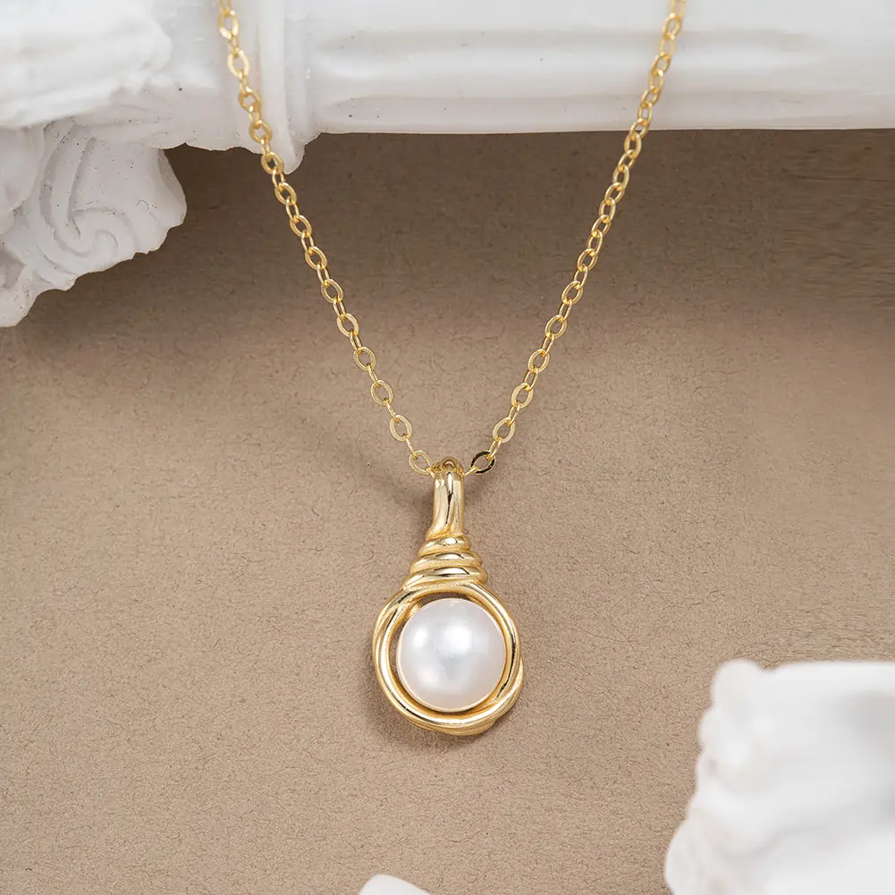 Colier din Argint cu Perle Naturale de Cultură Golden Pearl Drop Necklace [2]