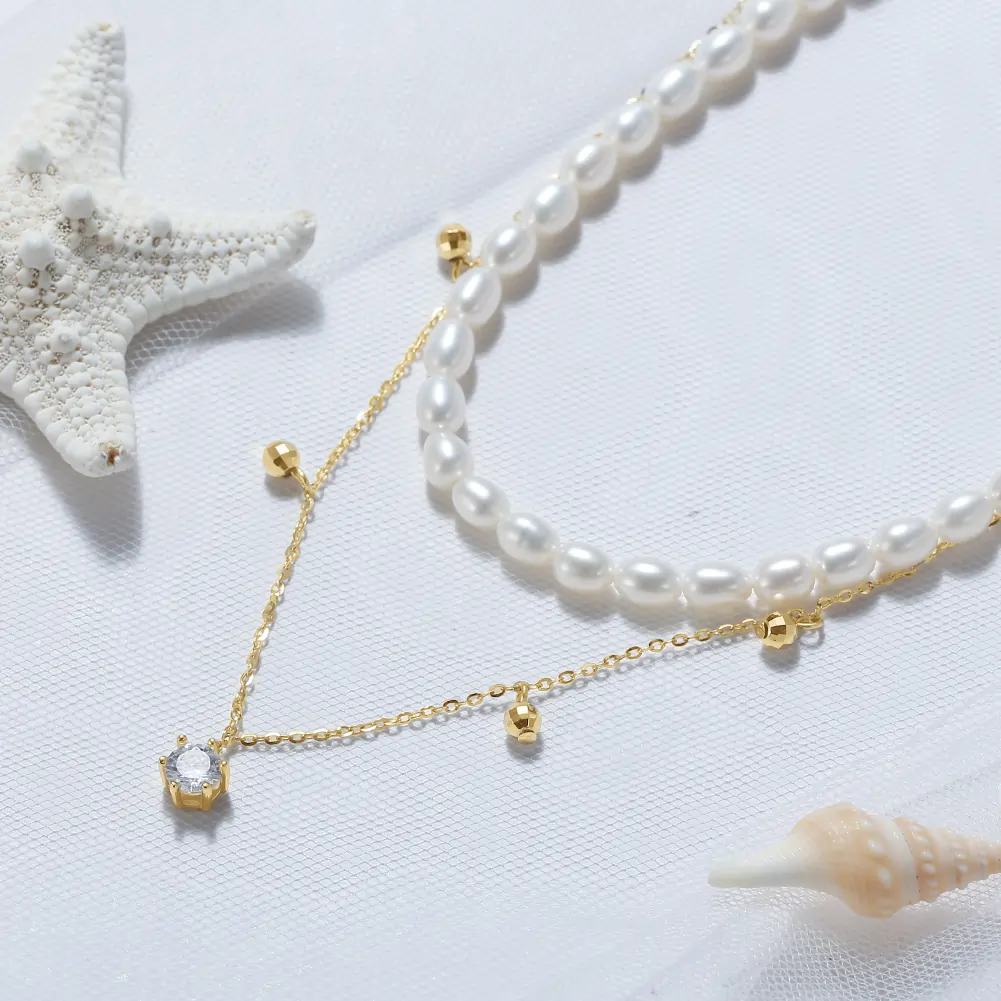 Colier din Argint cu Perle Naturale de Cultură Golden Twin Pearls [2]