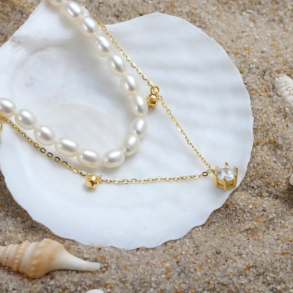 Colier din Argint cu Perle Naturale de Cultură Golden Twin Pearls [4]