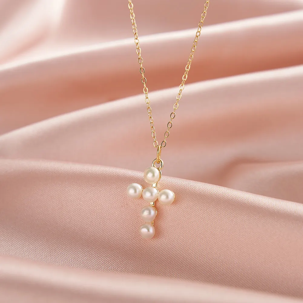Colier din Argint cu Perle Naturale de Cultură Pearl Cross Charm Gold [2]